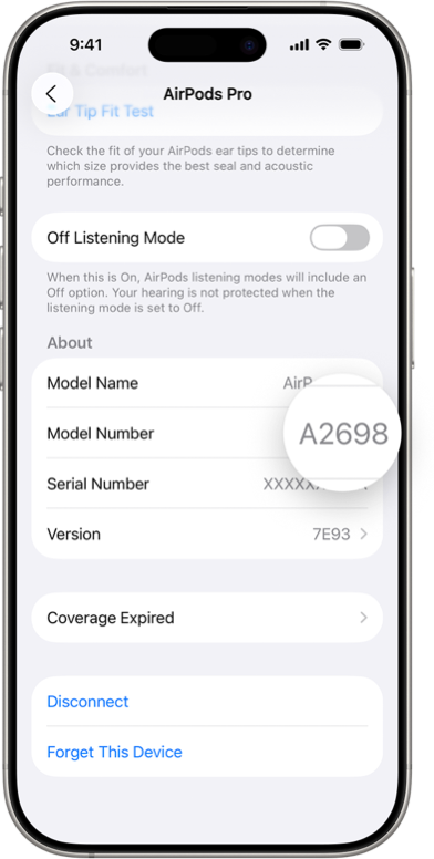 Številka modela AirPods v nastavitvah Bluetooth na iPhonu